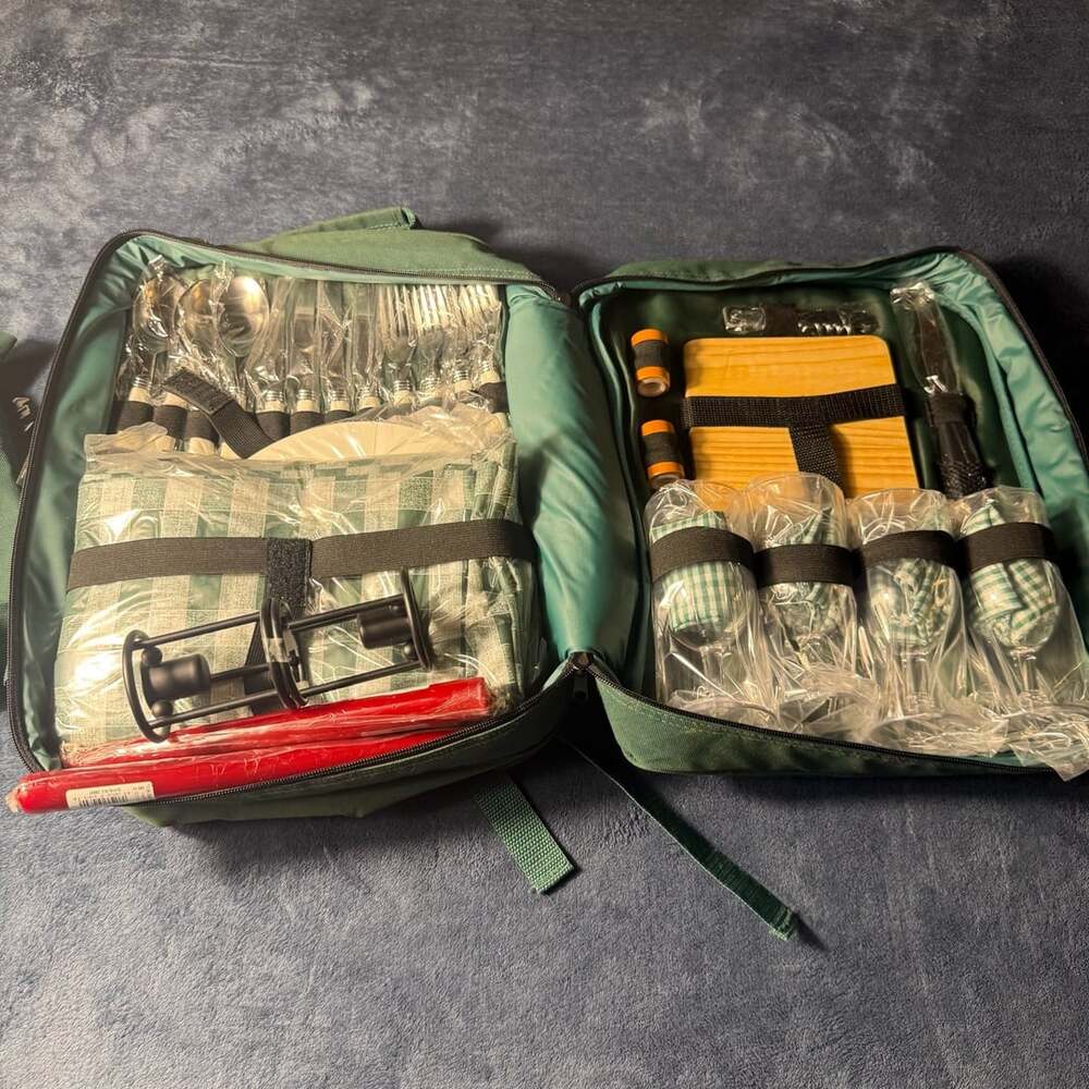 Picnic Basket in a backpack with insulated wine holder.Service for 4. (box A)